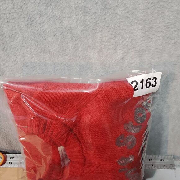 POOF Sweater Womens Small Red Sequin Santa Merry Christmas Don't Stop Believing - Picture 7 of 7